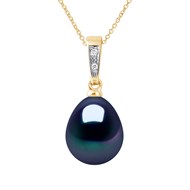 Pendentif Joaillerie Diamants 0,01 Cts - Véritable Perle de Culture d'Eau Douce Poire 9-10 mm - Black Tahiti - Or Jaune