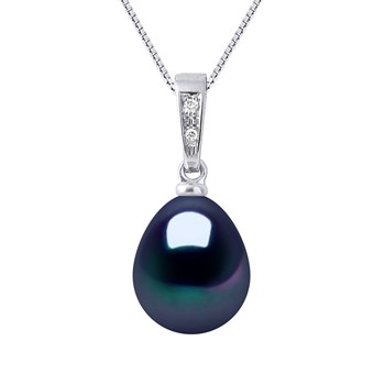 Pendentif Joaillerie Diamants 0,01 Cts - Véritable Perle de Culture d'Eau Douce Poire 9-10 mm - Black Tahiti - Or Blanc
