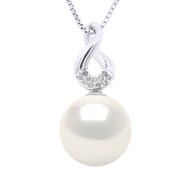 Pendentif HUIT - Diamants 0,11 Cts - Véritable Perle de Culture d'Eau Douce Ronde 9-10 mm - Or Blanc