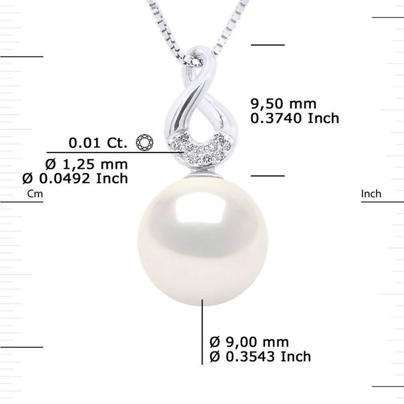 Pendentif HUIT - Diamants 0,11 Cts - Véritable Perle de Culture d'Eau Douce Ronde 9-10 mm - Or Blanc - vue 3