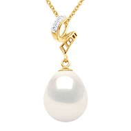 Pendentif VOLUTES - Diamants 0,12 Cts - Or Blanc - Véritable Perle de Culture d'Eau Douce Poire 11-12 mm - Or Jaune
