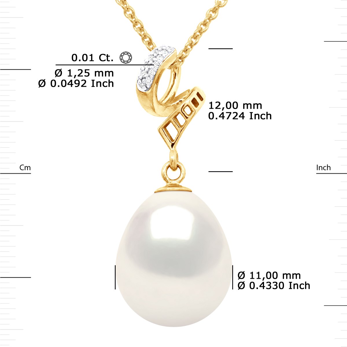 Pendentif VOLUTES - Diamants 0,12 Cts - Or Blanc - Véritable Perle de Culture d'Eau Douce Poire 11-12 mm - Or Jaune - vue 3