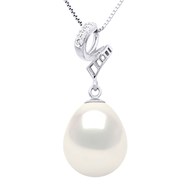 Pendentif VOLUTES - Diamants 0,12 Cts - Or Blanc - Véritable Perle de Culture d'Eau Douce Poire 11-12 mm - Or Blanc