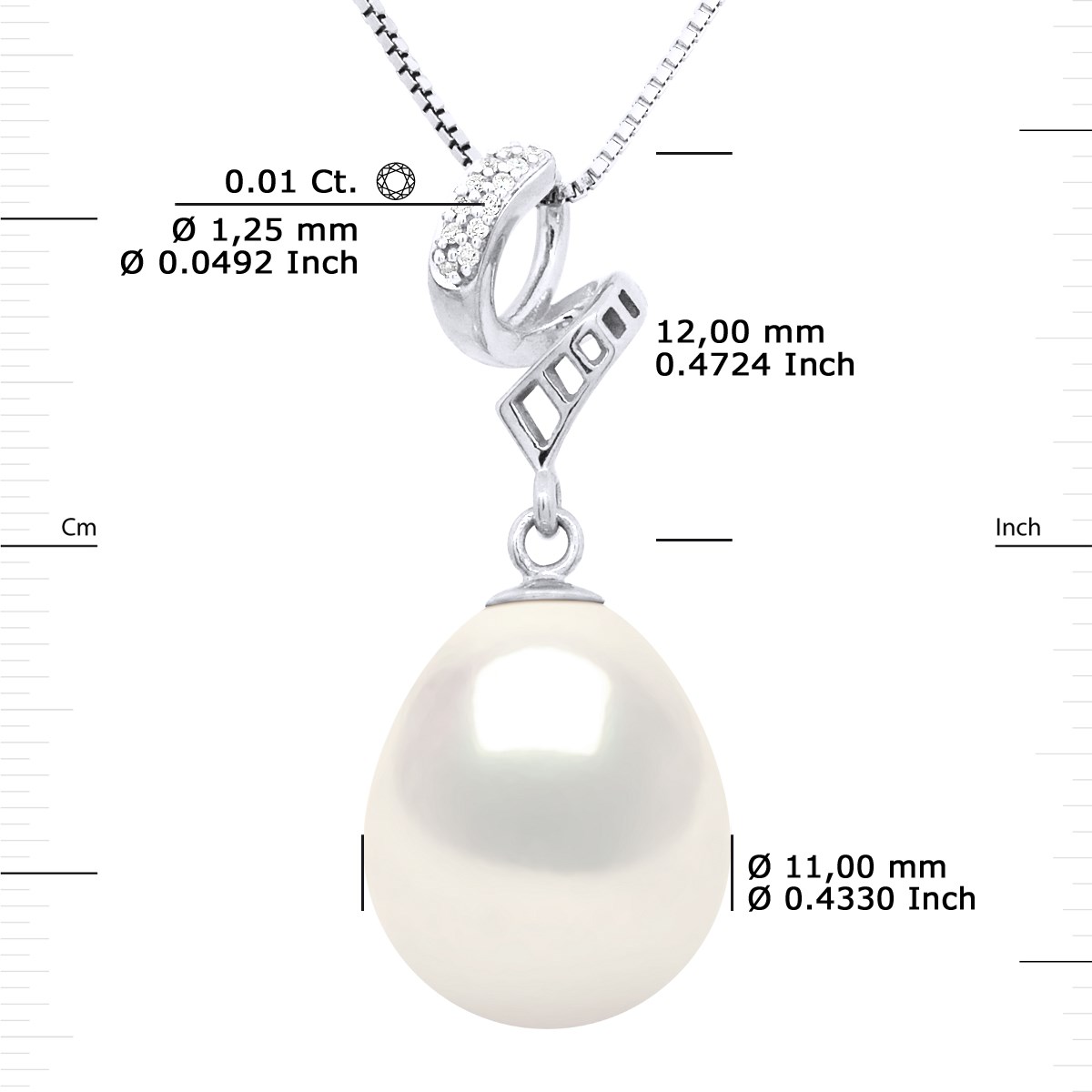 Pendentif VOLUTES - Diamants 0,12 Cts - Or Blanc - Véritable Perle de Culture d'Eau Douce Poire 11-12 mm - Or Blanc - vue 3