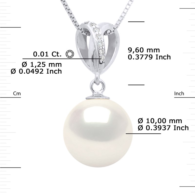 Pendentif DOUBLE NOEUD - Diamants 0,07 Cts - Véritable Perle de Culture d'Eau Douce Ronde 10-11 mm - Or Blanc - vue 3