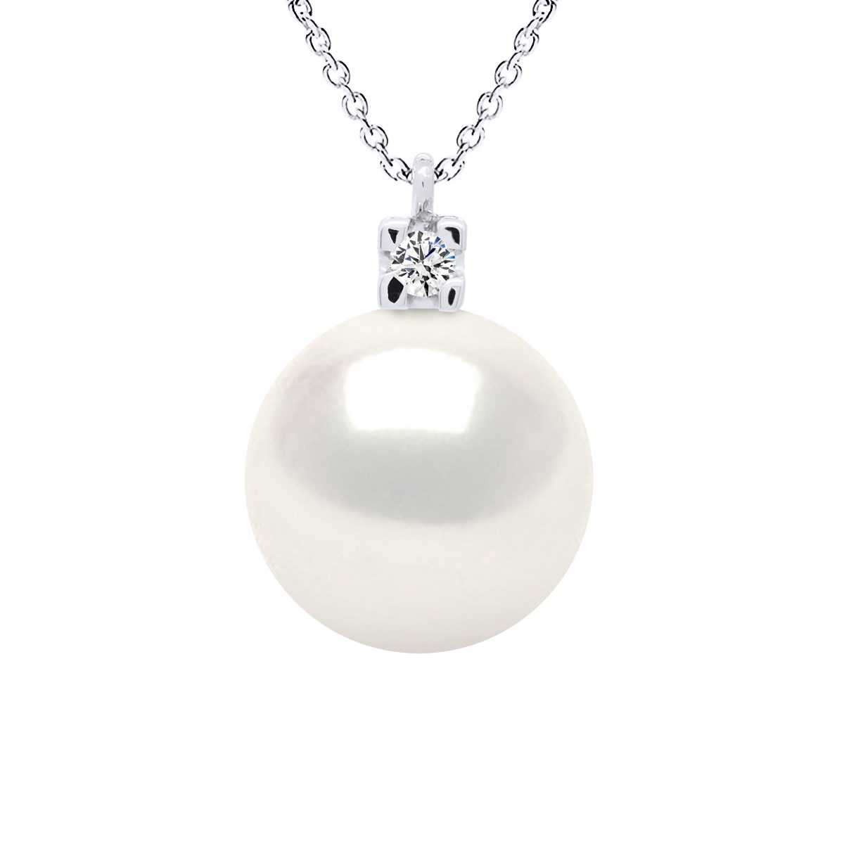 Collier Joaillerie 0,02 Cts - Véritable Perle de Culture d'Eau Douce Ronde 10-11 mm - Qualité AAA+ - Blanc Naturel - Or Blanc