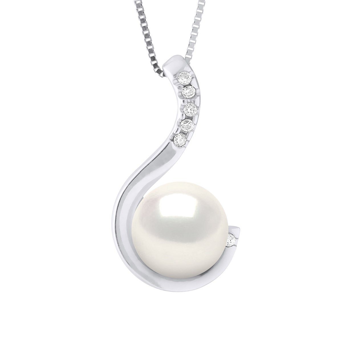 Pendentif Joaillerie 0,06 Cts - Véritable Perle de Culture d'Eau Douce - Blanc Naturel - Ronde 9-10 mm - Or Blanc