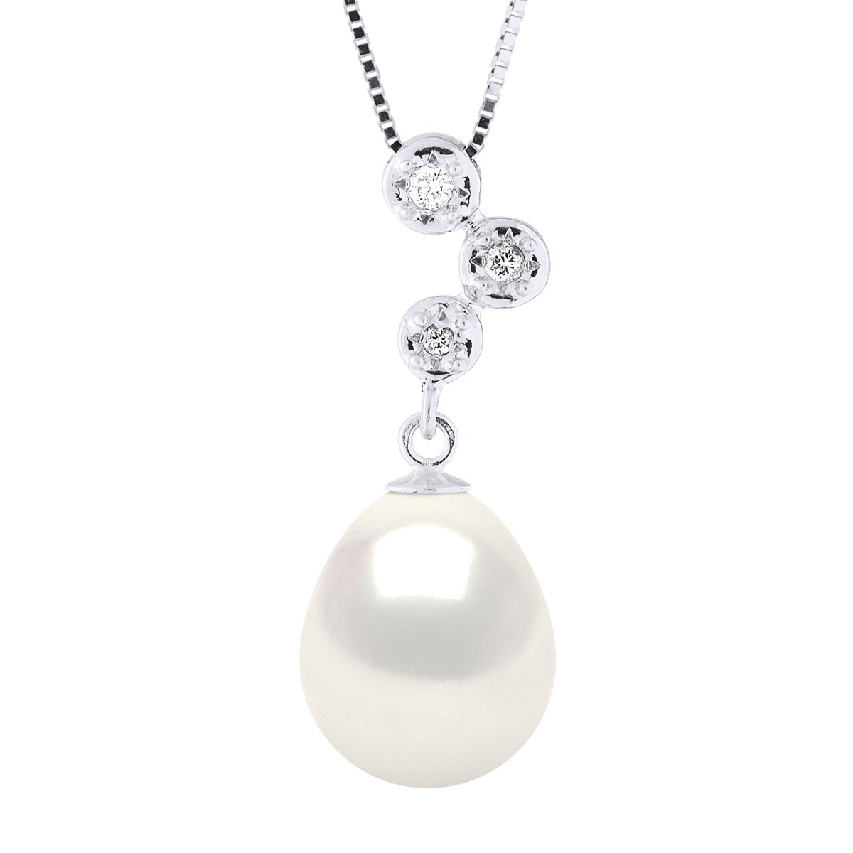 Pendentif Joaillerie Diamants 0,06 Cts - Véritable Perle de Culture d'Eau Douce - Blanc Naturel - Poire 10-11 mm - Or Blanc