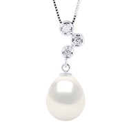 Pendentif Joaillerie Diamants 0,06 Cts - Véritable Perle de Culture d'Eau Douce - Blanc Naturel - Poire 10-11 mm - Or Blanc