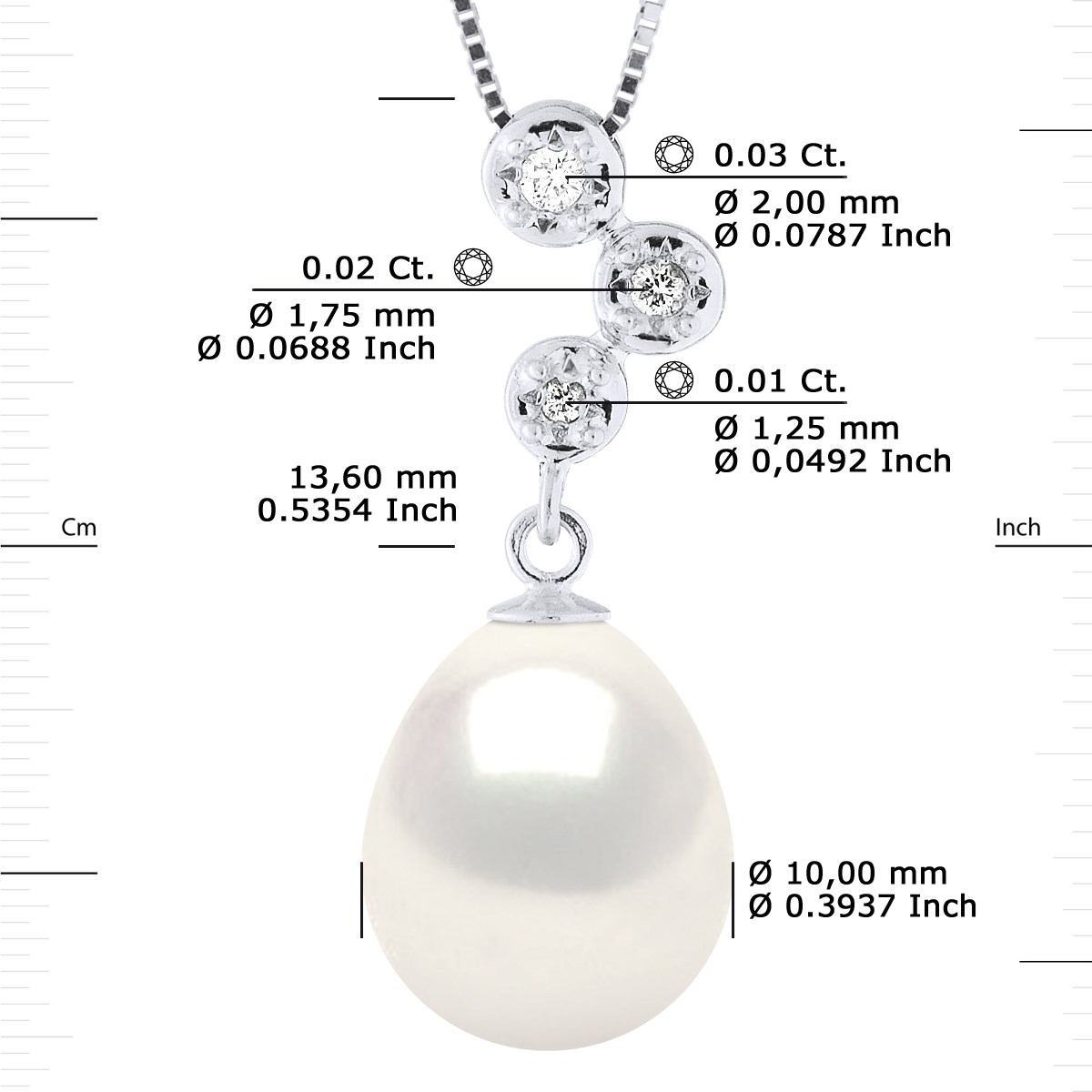Pendentif Joaillerie Diamants 0,06 Cts - Véritable Perle de Culture d'Eau Douce - Blanc Naturel - Poire 10-11 mm - Or Blanc - vue 3