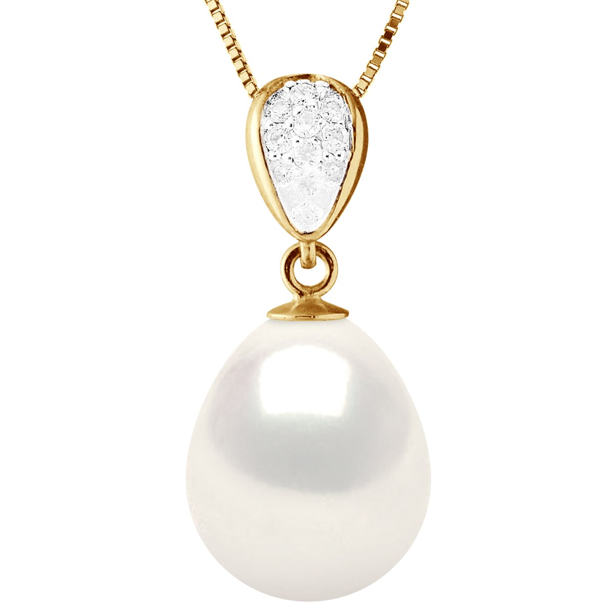 Pendentif Joaillerie Diamants 0,07 Cts - Véritable Perle de Culture d'Eau Douce - Blanc Naturel - Poire 11-12mm - Or Jaune