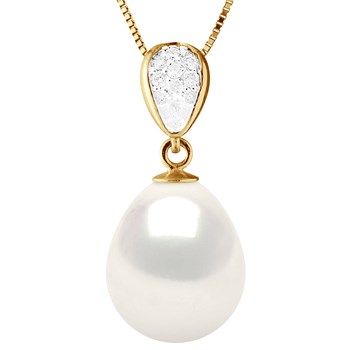 Pendentif Joaillerie Diamants 0,07 Cts - Véritable Perle de Culture d'Eau Douce - Blanc Naturel - Poire 11-12mm - Or Jaune