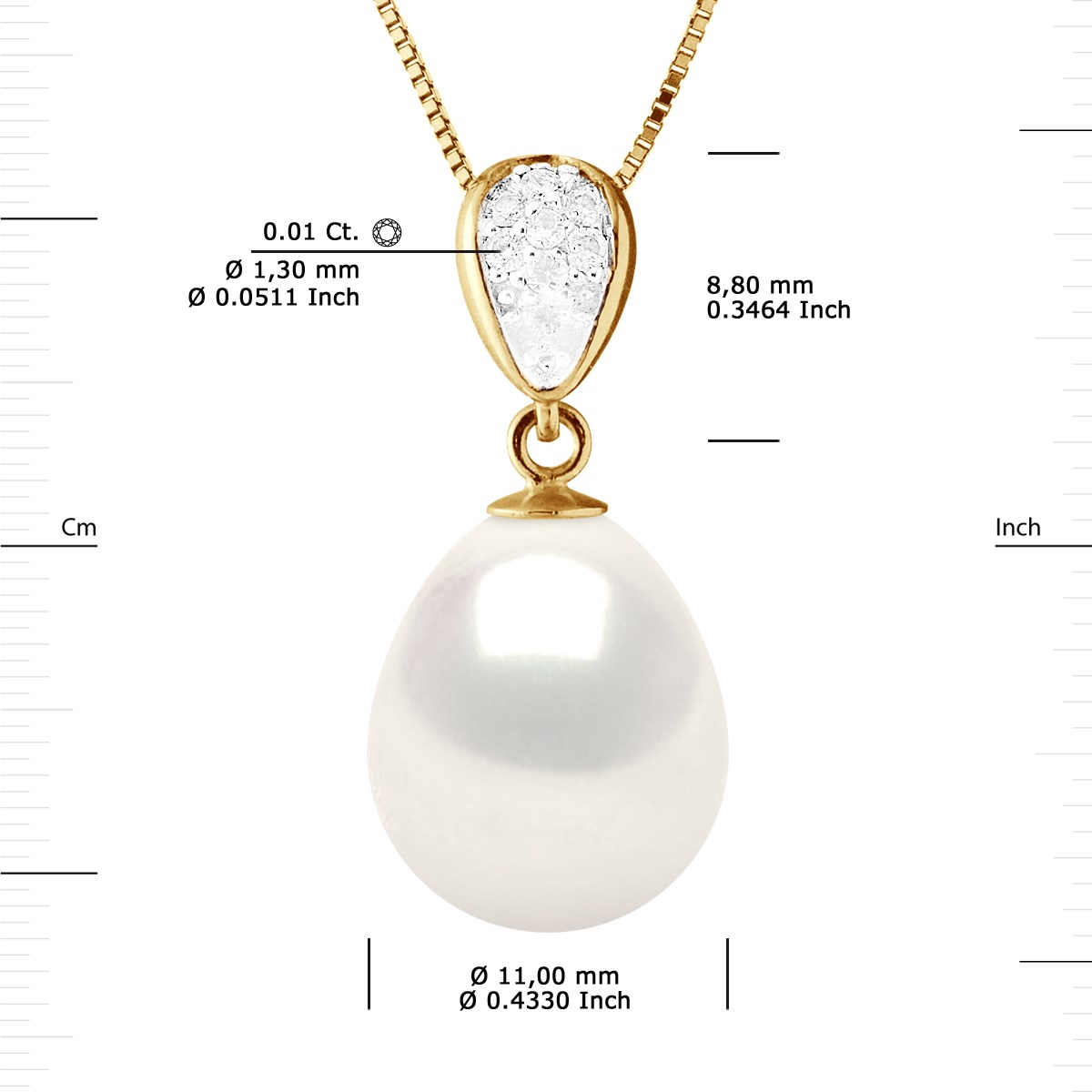 Pendentif Joaillerie Diamants 0,07 Cts - Véritable Perle de Culture d'Eau Douce - Blanc Naturel - Poire 11-12mm - Or Jaune - vue 3