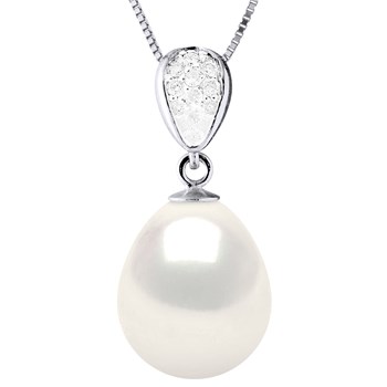 Pendentif Joaillerie Diamants 0,07 Cts - Véritable Perle de Culture d'Eau Douce - Blanc Naturel - Poire 11-12mm - Or Blanc