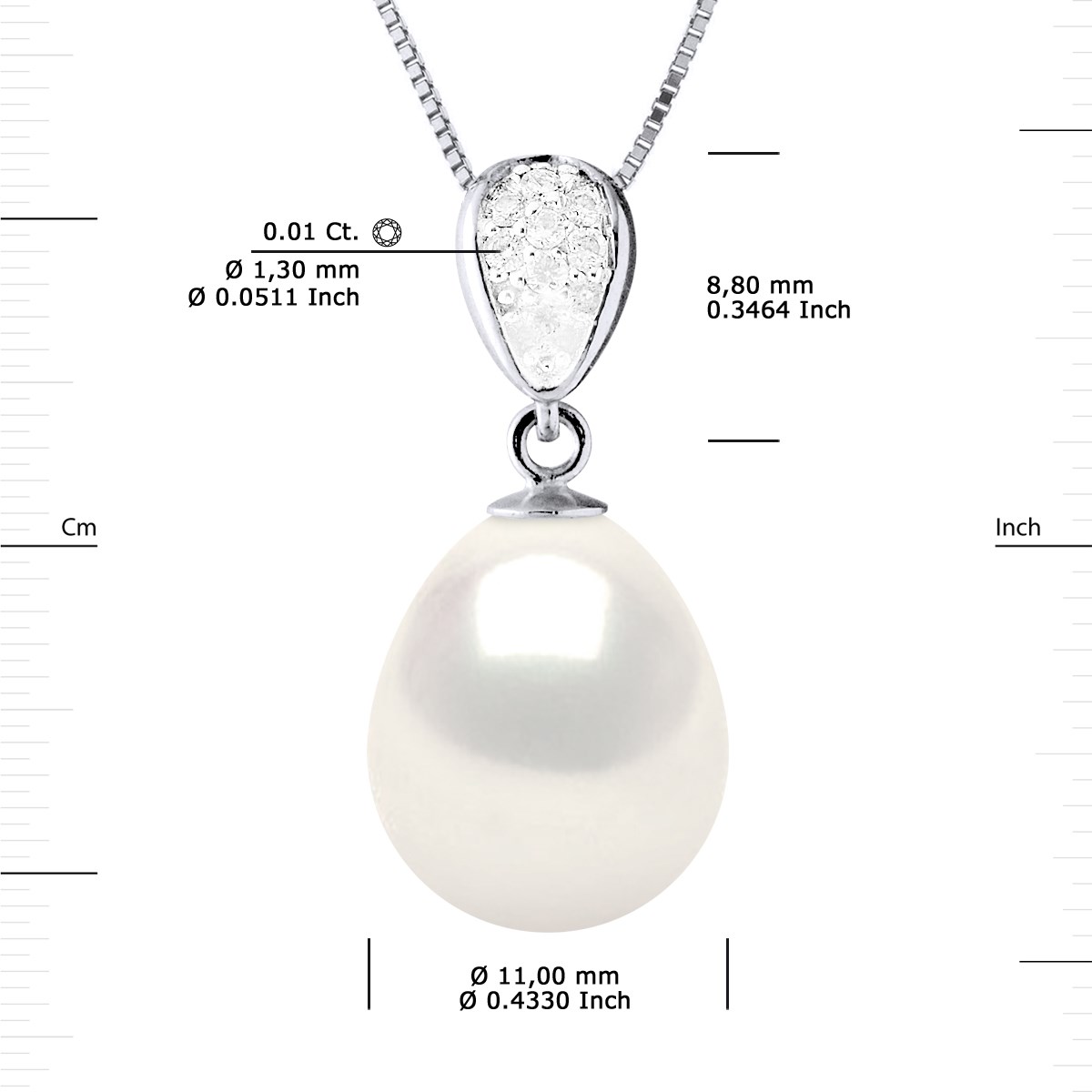 Pendentif Joaillerie Diamants 0,07 Cts - Véritable Perle de Culture d'Eau Douce - Blanc Naturel - Poire 11-12mm - Or Blanc - vue 3