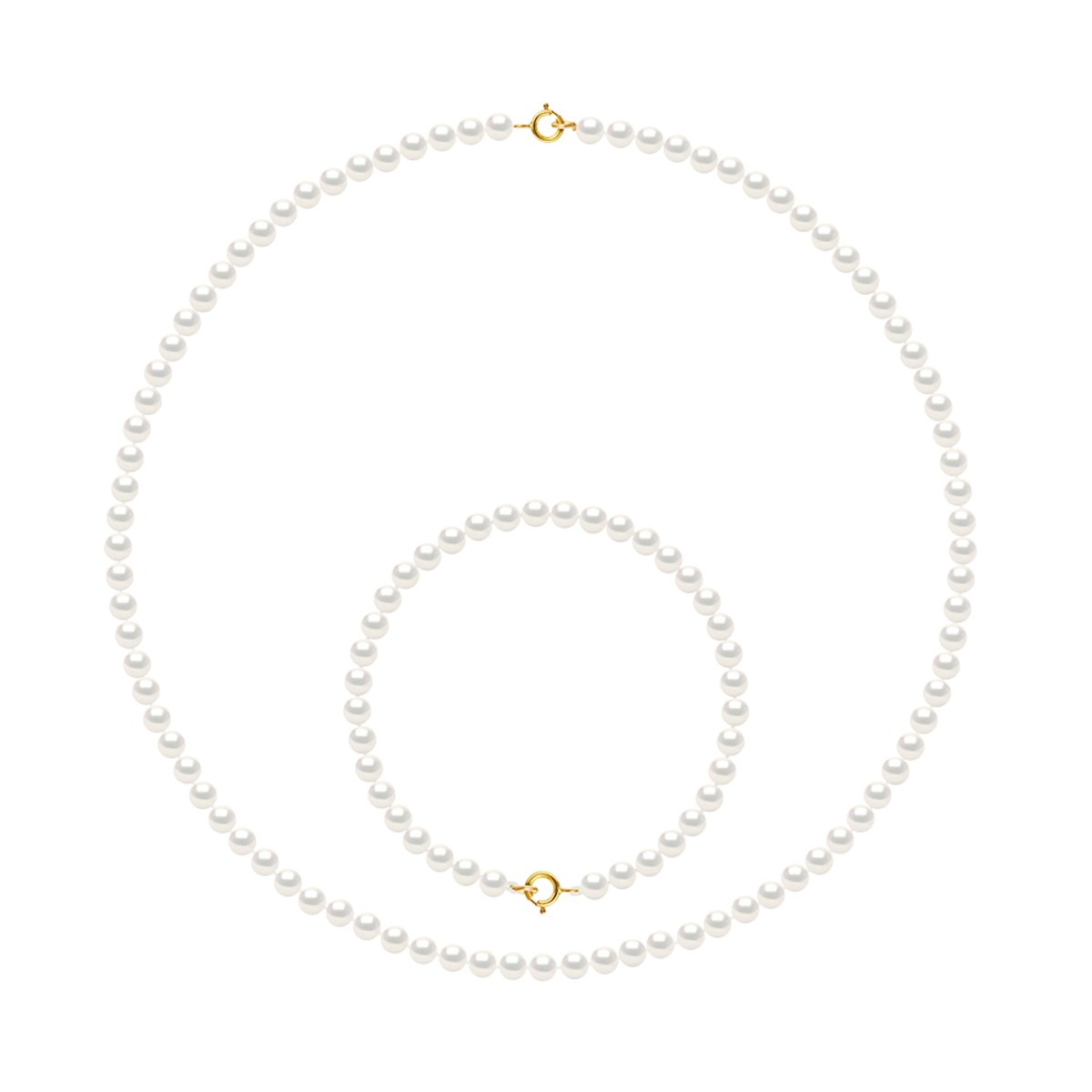 Parure - Collier & Bracelet - Véritables Perles de Culture d'Eau Douce Rondes 4-5 mm - Blanc Naturel - Or Jaune 750 Millièmes