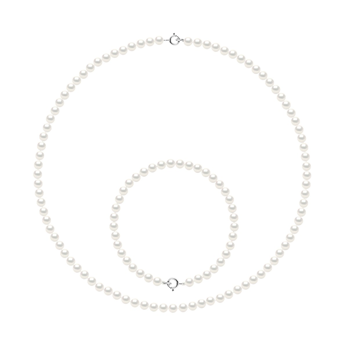 Parure - Collier & Bracelet - Véritables Perles de Culture d'Eau Douce Rondes 4-5 mm - Blanc Naturel - Or Blanc 750 Millièmes
