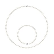 Parure - Collier & Bracelet - Véritables Perles de Culture d'Eau Douce Rondes 4-5 mm - Blanc Naturel - Or Blanc 750 Millièmes