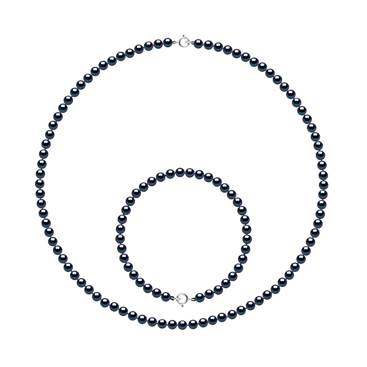 Parure - Collier & Bracelet - Véritables Perles de Culture d'Eau Douce Rondes 4-5 mm - Black Tahiti - Or Blanc 750 Millièmes