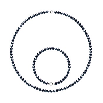 Parure - Collier & Bracelet - Véritables Perles de Culture d'Eau Douce Rondes 4-5 mm - Black Tahiti - Or Blanc 750 Millièmes
