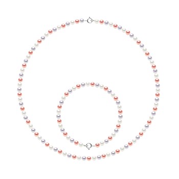 Parure - Collier & Bracelet - Véritables Perles de Culture d'Eau Douce Rondes 4-5 mm - Couleurs Pastelles Naturelles - Or Blanc 750 Millièmes