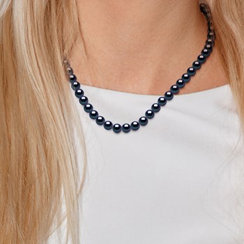 Collier Rang 'Princesse' - Véritables Perles de Culture d'Eau Douce Rondes 8-9 mm - Black Tahiti - Or Blanc 750 Millièmes