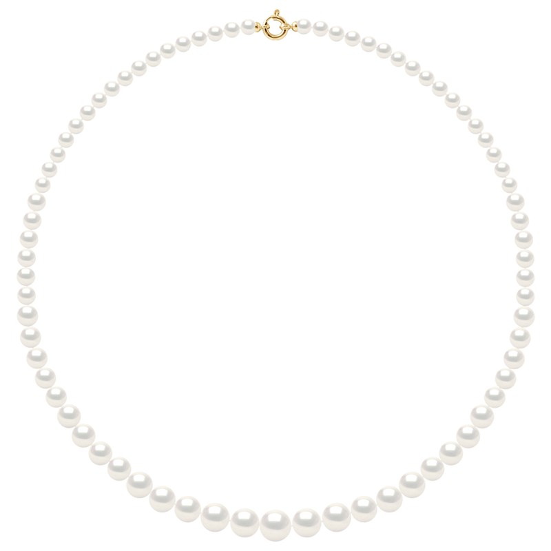 Collier Rang 'Princesse' - Véritables Perles de Culture d'Eau Douce Rondes de 12 à 6 mm - Blanc Naturel - Or Jaune 750 Millièmes