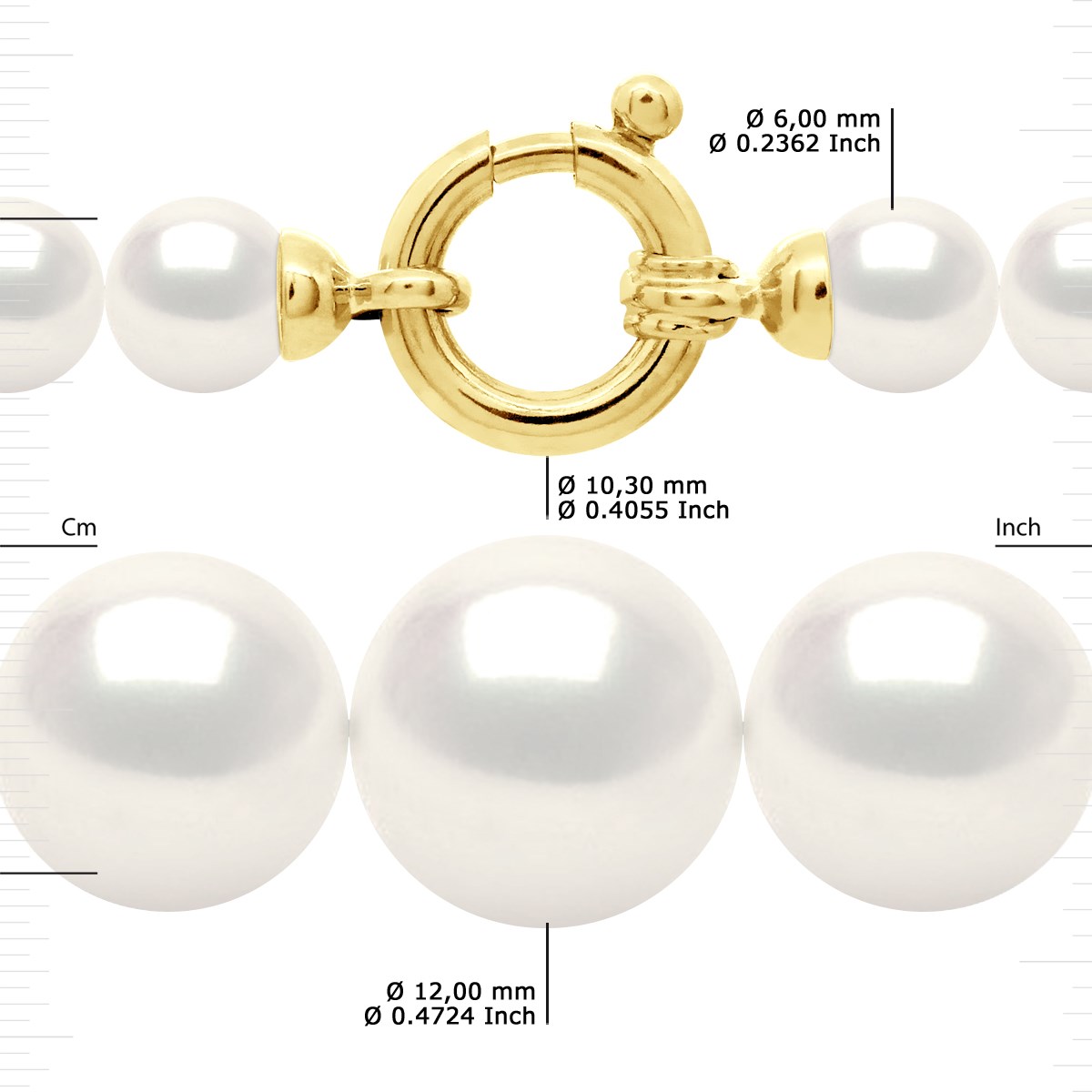Collier Rang 'Princesse' - Véritables Perles de Culture d'Eau Douce Rondes de 12 à 6 mm - Blanc Naturel - Or Jaune 750 Millièmes - vue 3