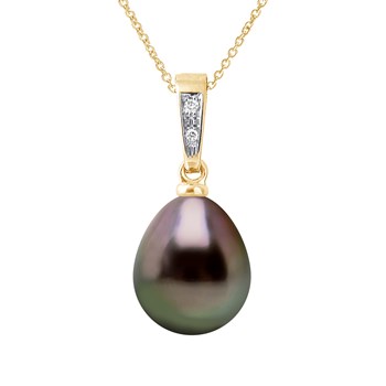 Pendentif Joaillerie Diamants 0,01 Cts - Véritable Perle de Culture de Tahiti Poire 9-10 mm - Or Jaune