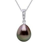 Pendentif Joaillerie Diamants 0,01 Cts - Véritable Perle de Culture de Tahiti Poire 9-10 mm - Or Blanc