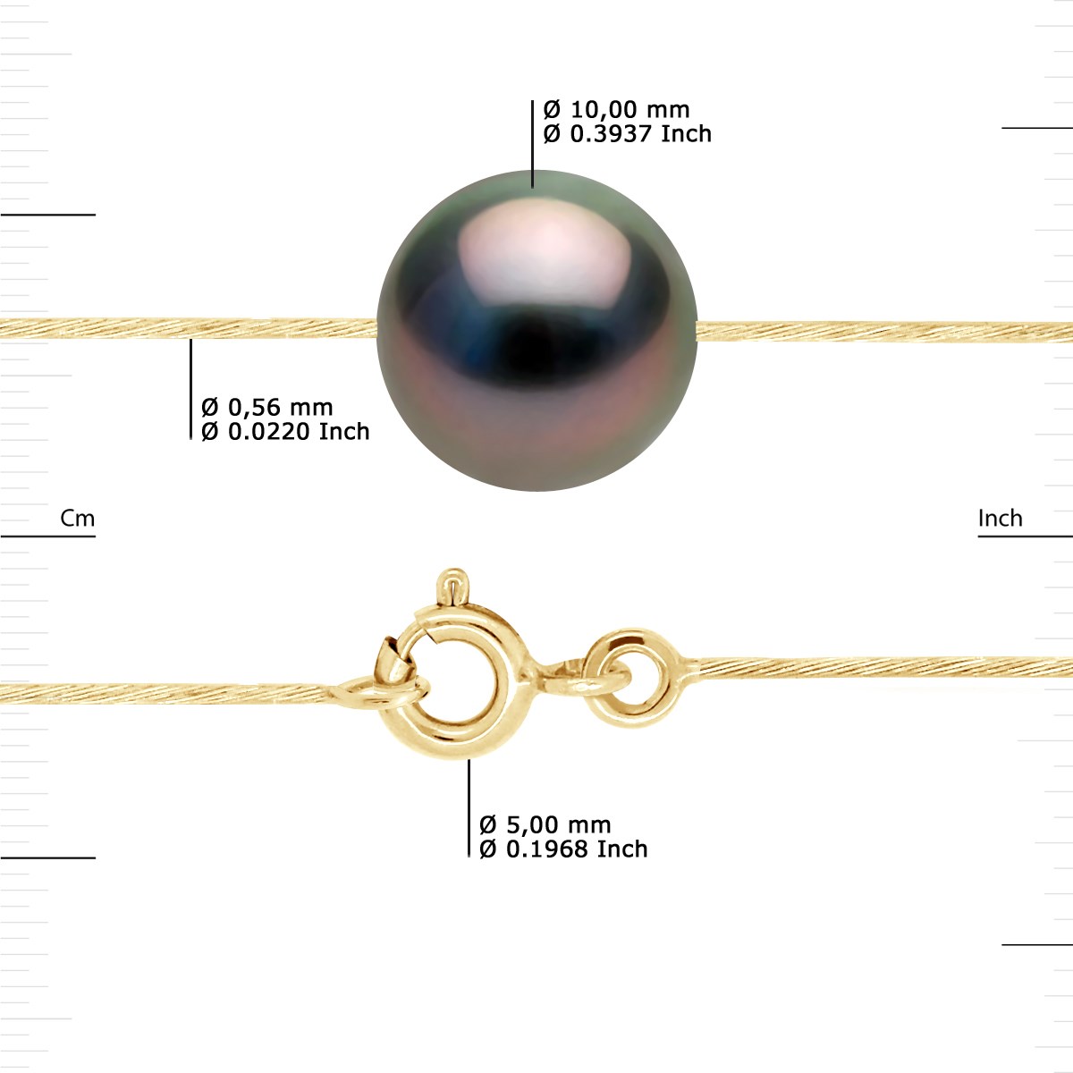 Collier - Véritable Perle de Culture de Tahiti Ronde 10-11 mm - Câble Or Jaune - vue 3