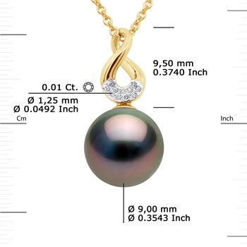 Pendentif 'HUIT' - Diamants 0,11 Cts - Véritable Perle de Culture de Tahiti Ronde 9-10 mm - Or Jaune