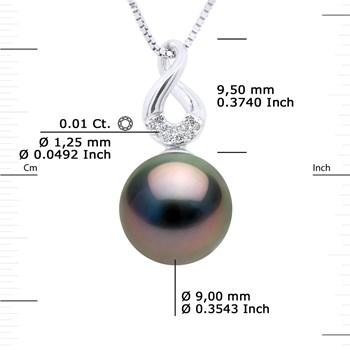Pendentif 'HUIT' - Diamants 0,11 Cts - Véritable Perle de Culture de Tahiti Ronde 9-10 mm - Or Blanc
