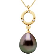 Pendentif Joaillerie - Diamant 0,01 Cts - Véritable Perle de Culture de Tahiti Poire 9-10 mm - Or Jaune