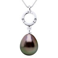 Pendentif Joaillerie - Diamant 0,01 Cts - Véritable Perle de Culture de Tahiti Poire 9-10 mm - Or Blanc