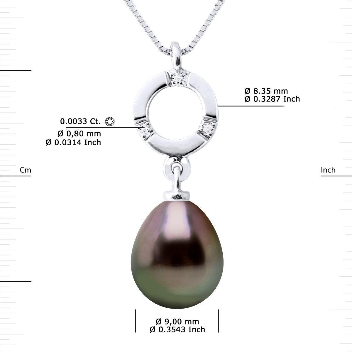 Pendentif Joaillerie - Diamant 0,01 Cts - Véritable Perle de Culture de Tahiti Poire 9-10 mm - Or Blanc - vue 3