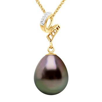 Pendentif VOLUTES - Diamant 0,12 Cts - Véritable Perle de Culture de Tahiti Poire 11-12 mm - Or Jaune