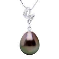 Pendentif VOLUTES - Diamant 0,12 Cts - Véritable Perle de Culture de Tahiti Poire 11-12 mm - Or Blanc