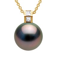 Pendentif JOAILLERIE PRESTIGE Diamant 0.04 Cts - Véritable Perle de Culture de Tahiti Ronde 11-12 mm - Or Jaune