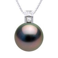 Pendentif JOAILLERIE PRESTIGE Diamant 0.04 Cts - Véritable Perle de Culture de Tahiti Ronde 11-12 mm - Or Blanc