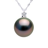 Collier Joaillerie Diamants 0,03 Cts - Véritable Perle de Culture de Tahiti Ronde 9-10 mm - Or Blanc
