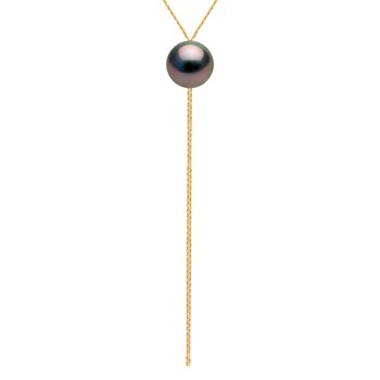 Collier 'Cravate' - Véritable Perle de Culture de Tahiti Ronde 12-13 mm - Or Jaune