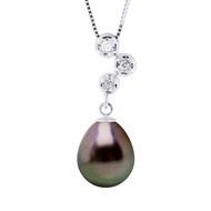 Collier Pendentif Joaillerie Diamants 0,06 Cts - Or Blanc et Véritable Perle de Culture de Tahiti Poire 9-10 mm