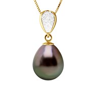 Collier Pendentif Joaillerie Diamants 0,07 Cts - Or Jaune et Véritable Perle de Culture de Tahiti Poire 10-11mm