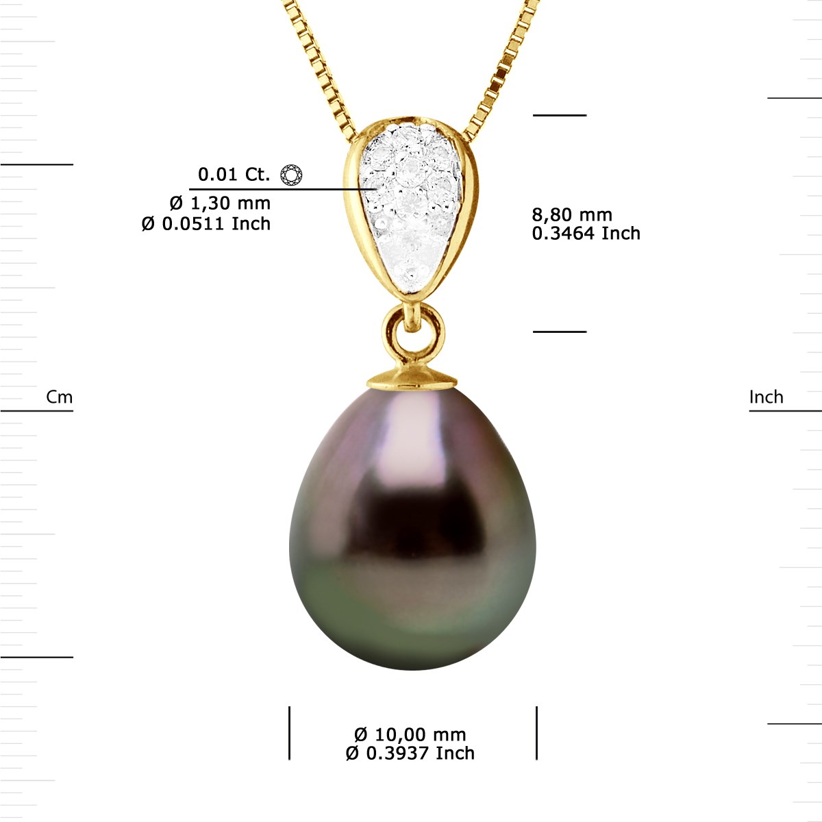Collier Pendentif Joaillerie Diamants 0,07 Cts - Or Jaune et Véritable Perle de Culture de Tahiti Poire 10-11mm - vue 3