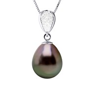 Collier Pendentif Joaillerie Diamants 0,07 Cts - Or Blanc et Véritable Perle de Culture de Tahiti Ronde 10-11mm