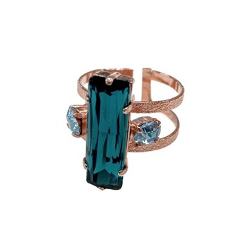 Bague ajustable en plaqué or rose orné d'une pierre cristal bleu - Bijou de créateur