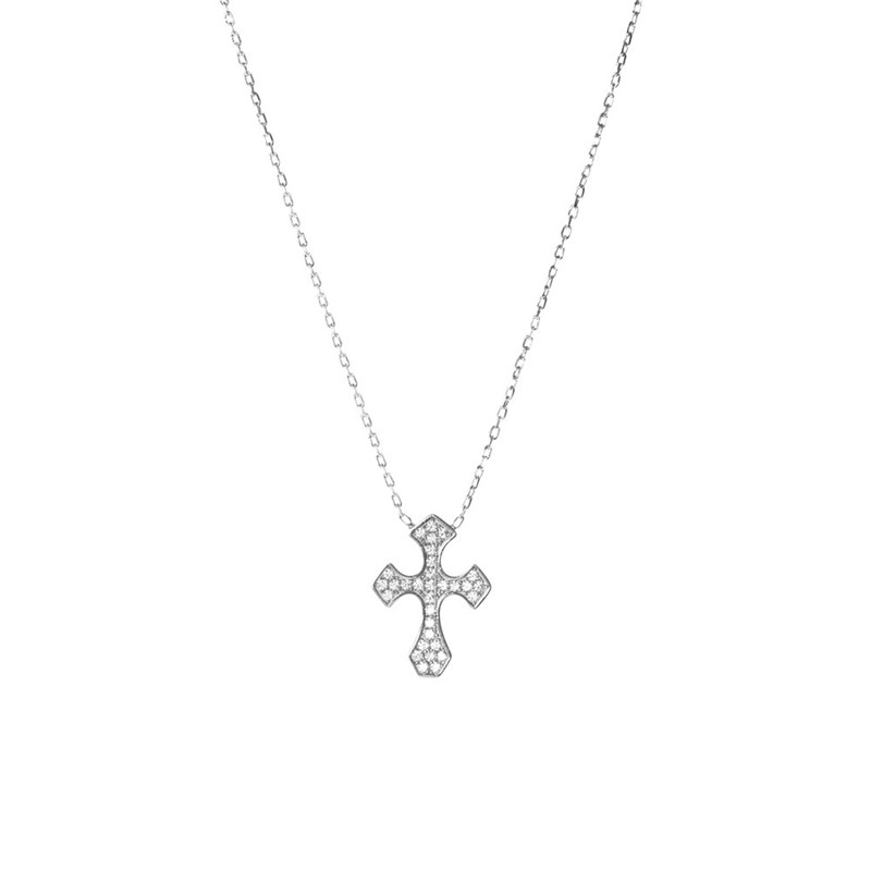 Collier Argent Rhodier Serti Croix