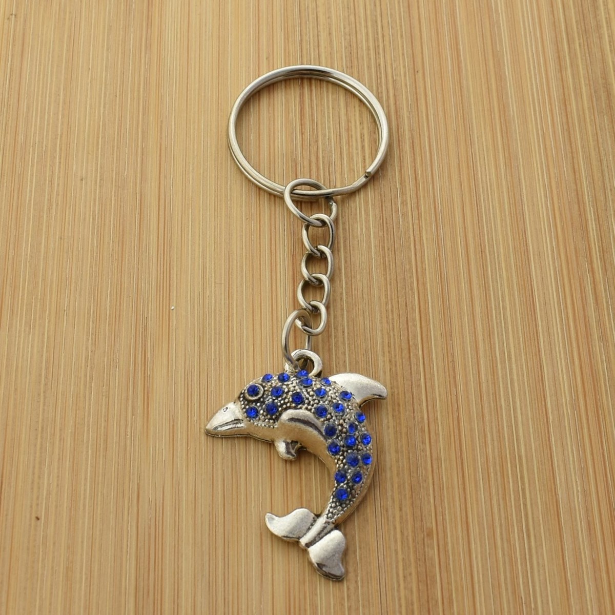 Porte-clés dauphin argenté strass bleu roi - vue 2