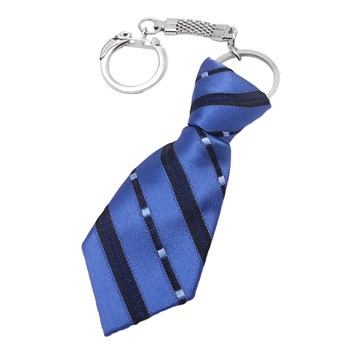 Porte-clés cravate en tissu à rayures noires et carrés bleus argenté